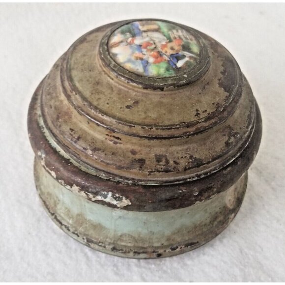 Antique Pre Reuge Music Box Musical‎ Powder Puff Metal Case with Porcelain Inlay - Picture 4 of 16